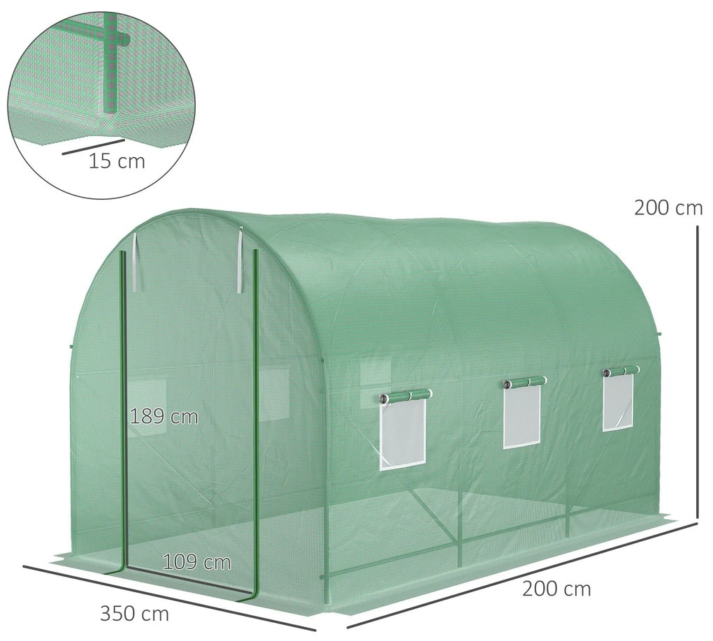 Estufa Tipo Túnel de Jardim 350x200x200cm Estufa de Jardim com 6 Janelas Respiráveis e Porta Enrolável com fecho para Cultivo de Plantas e Verduras Ve