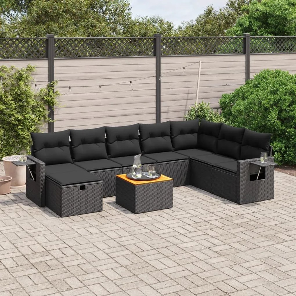 vidaXL 9 pcs conjunto de sofás p/ jardim c/ almofadões vime PE preto