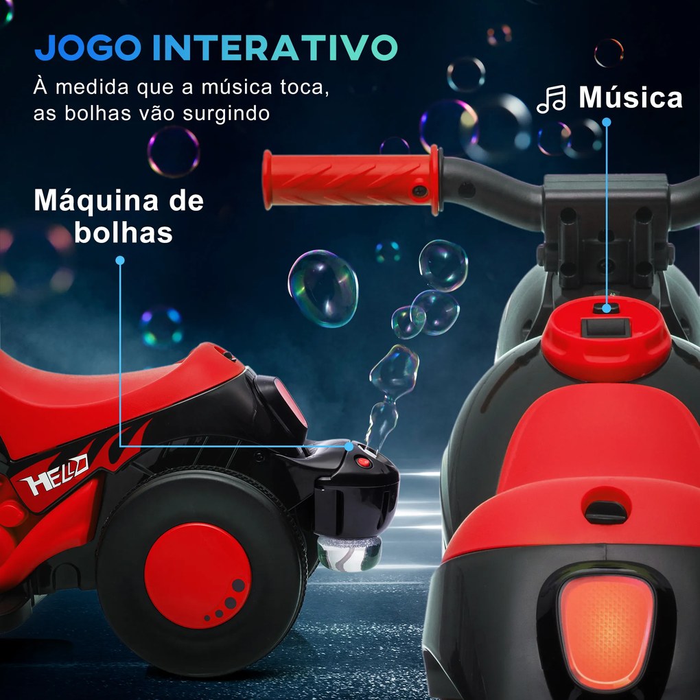 Mota Elétrica para Crianças Mota a Bateria 6V com Função de Bolhas Farol Música Motocicleta para Crianças com Velocidade 3km/h Carga 30 kg Vermelho