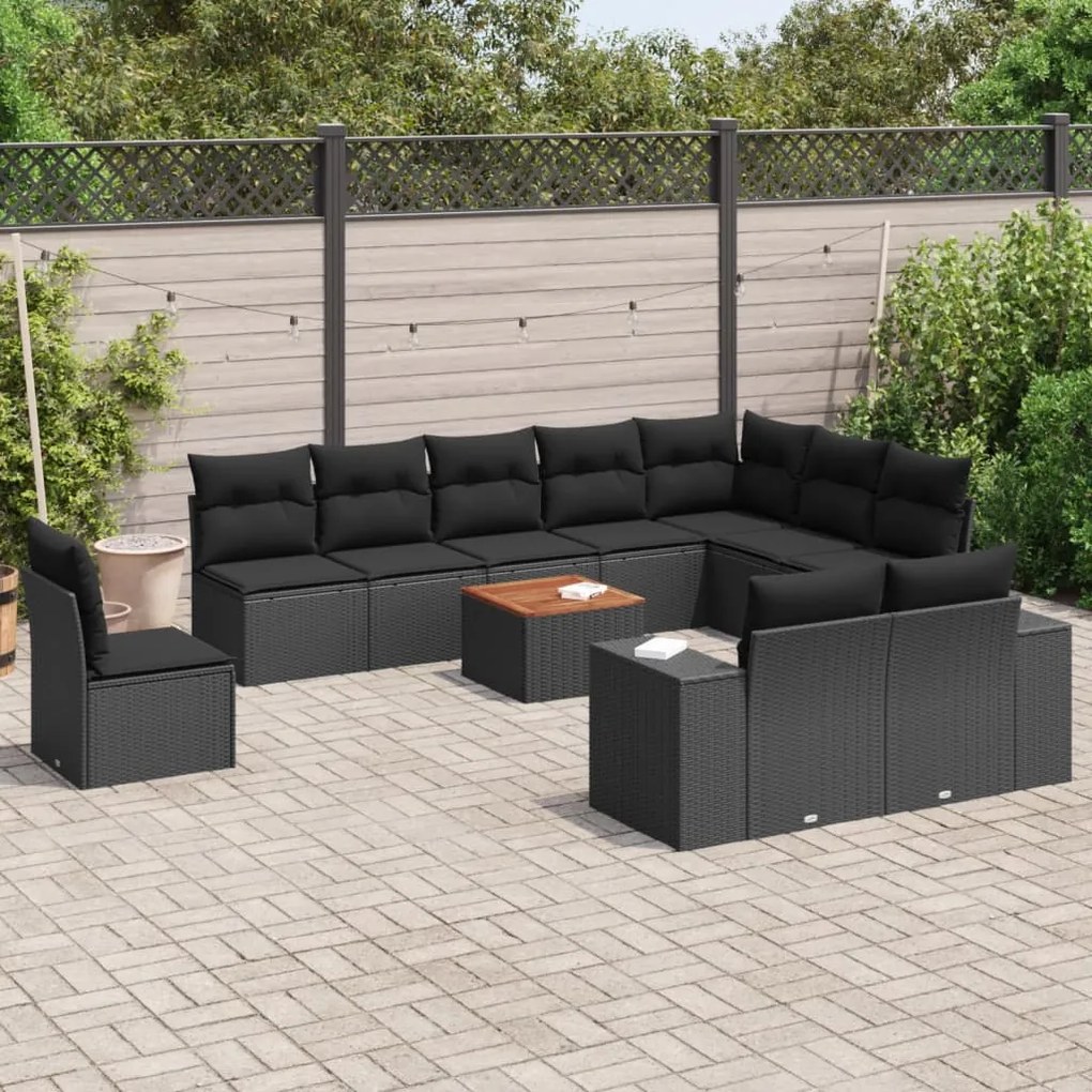 11 pcs conjunto sofás de jardim c/ almofadões vime PE preto