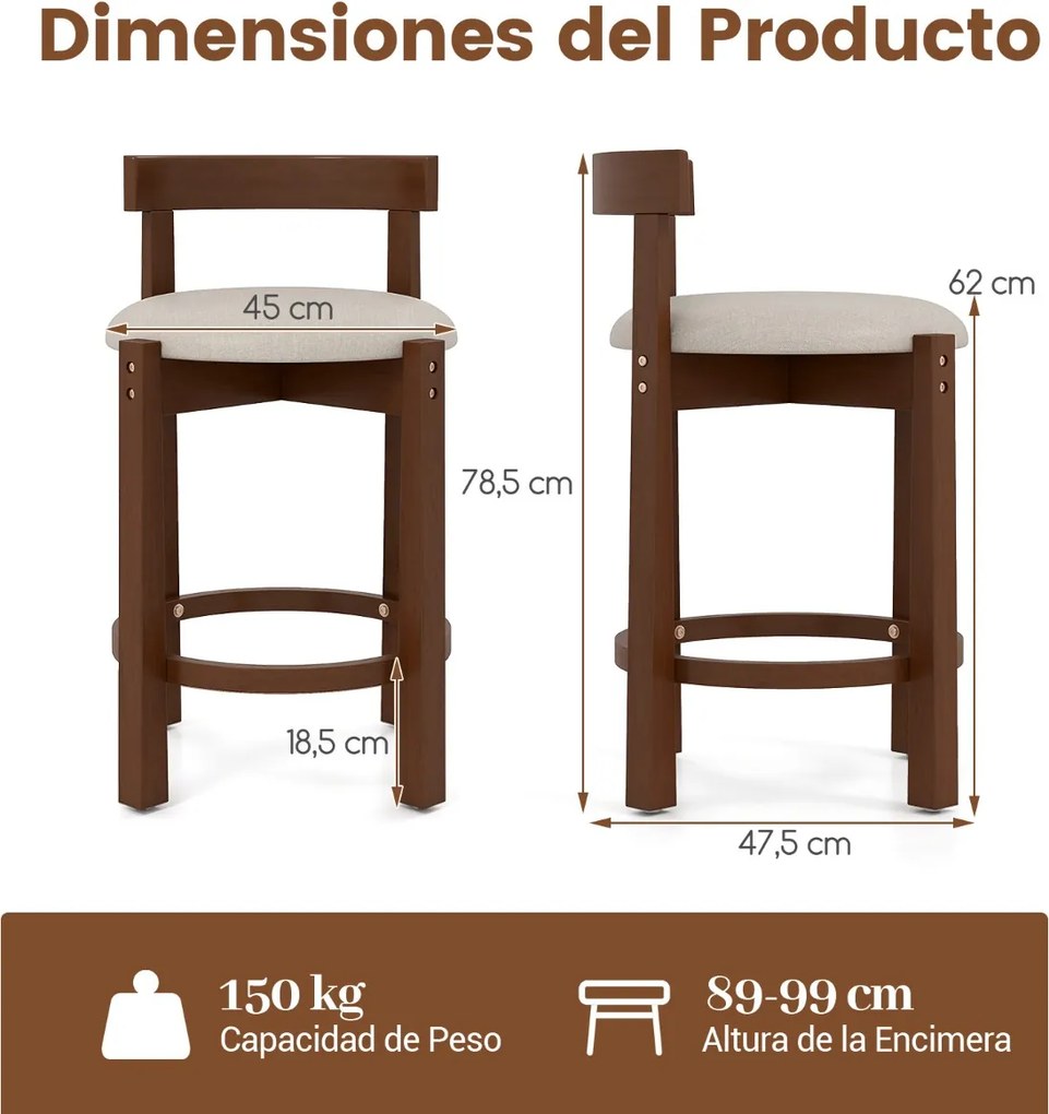 Conjunto de 2 Bancos de Bar de Altura de Balcão (MESA NÃO INCLUIDA), 47,5 x 45 x 78,5 cm, Estofados em Linho, Bege