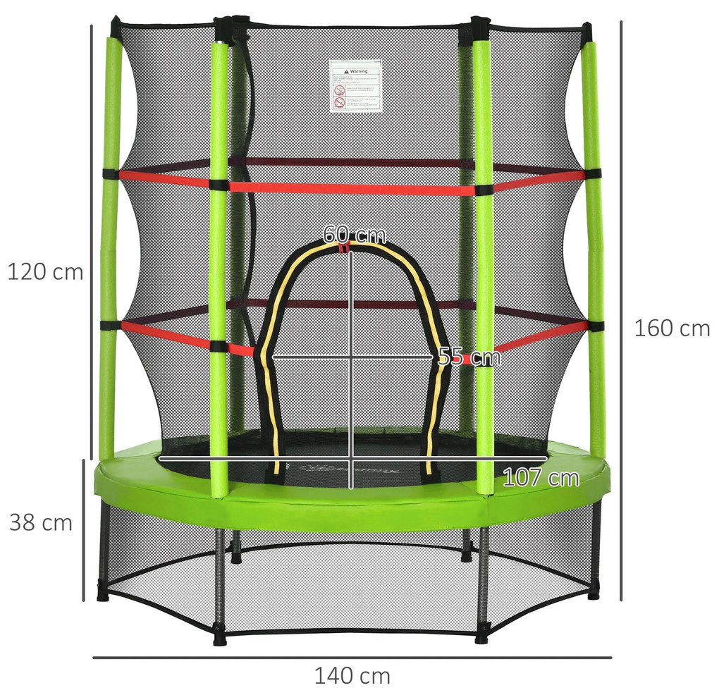 HOMCOM Trampolim Infantil Ø107 cm Trampolim para Crianças de 3-6 Anos com Rede de Segurança Carga 45 kg para Interior Ø140x160 cm Verde