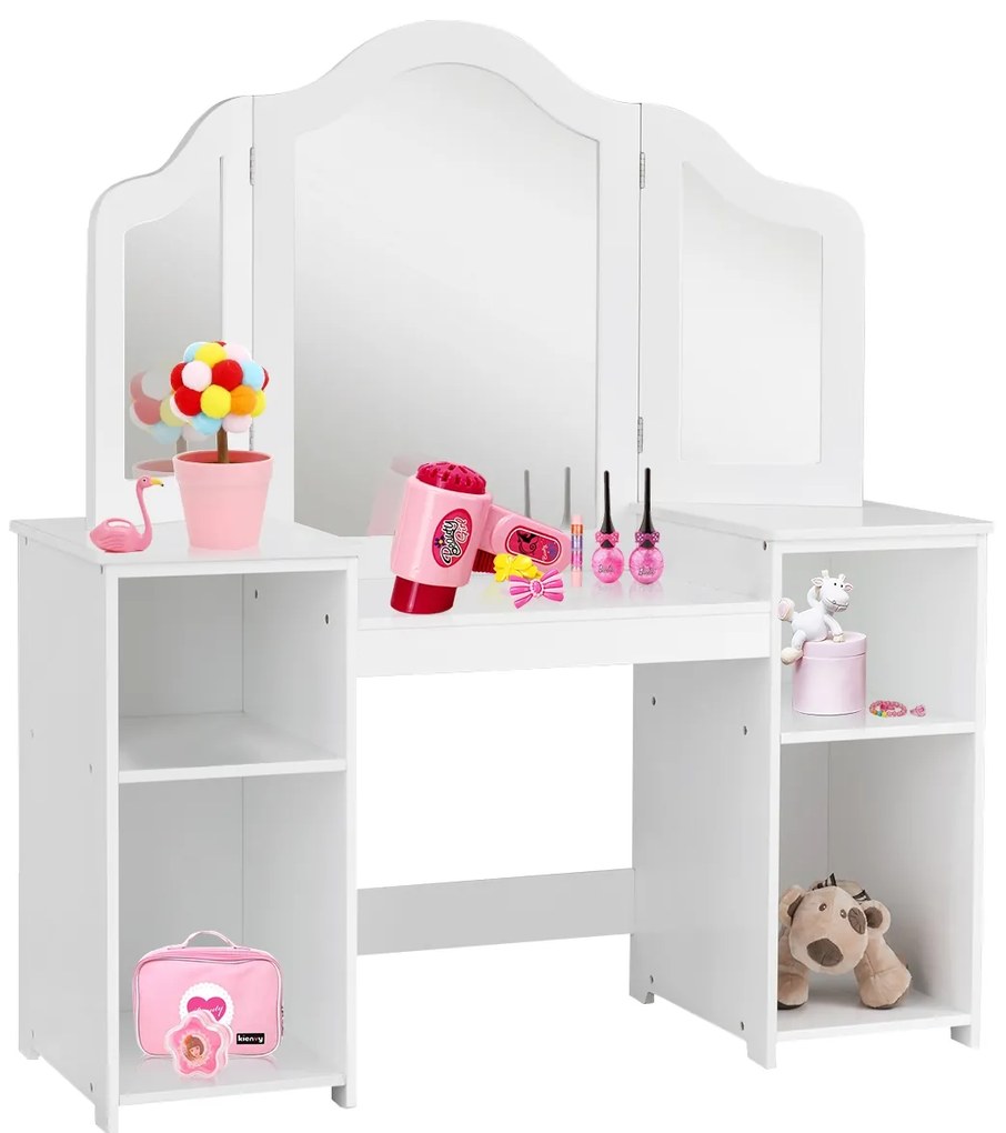 Toucador Infantil Maquiagem Princesa com 4 Prateleiras Grandes e Espelho de Plástico com 3 Painis Infantil 107 x 40 x 117 cm Branco