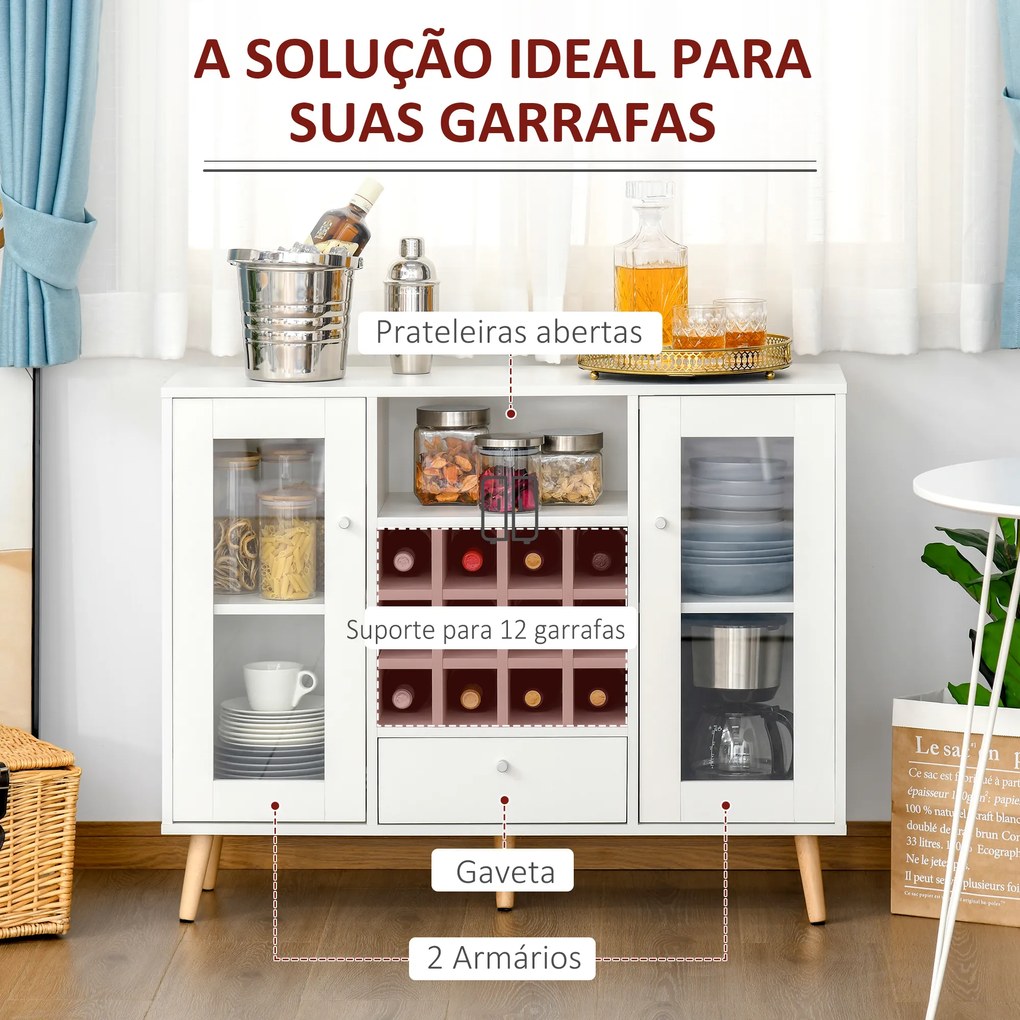 Aparador de Cozinha Armário de Armazenamento com 12 suportes para Garrafas e 3 Estantes Portas de vidro 100x33x80cm Branco