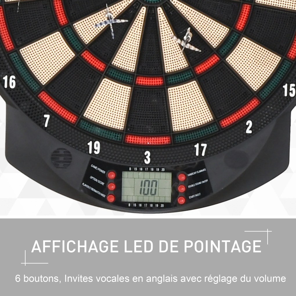 Alvo eletrónico de dardos com 26 jogos principais e 185 variações de jogos, para 8 jogadores, 30 dardos, ecrã LCD e altifalante, cor preta