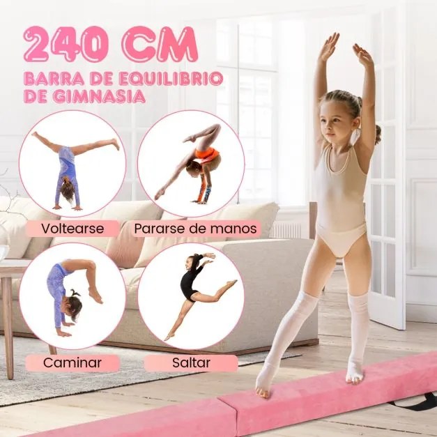 Barra de equilíbrio dobrável para crianças, 240 cm, barra de ginástica com alça de transporte, rosa