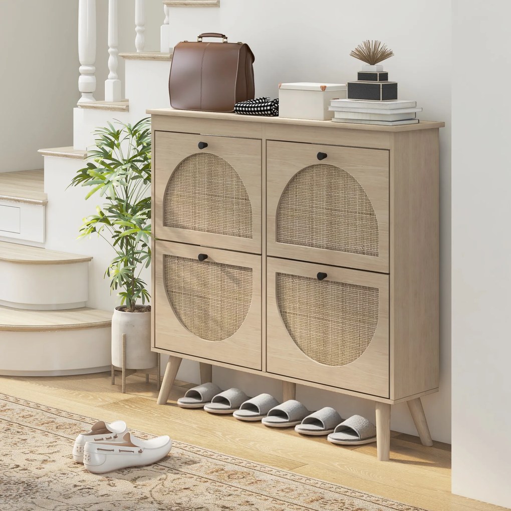 Sapateira com 4 portas basculantes, capacidade para 20 pares, prateleira ajustável, estilo boémio, pés em madeira maciça, 105 x 24 x 97,5 cm, acabamen