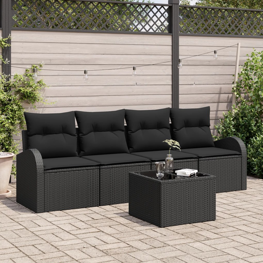 Conjunto de Sofás de Jardim de 5 Peças com Almofadas Preto Rattan Poli
