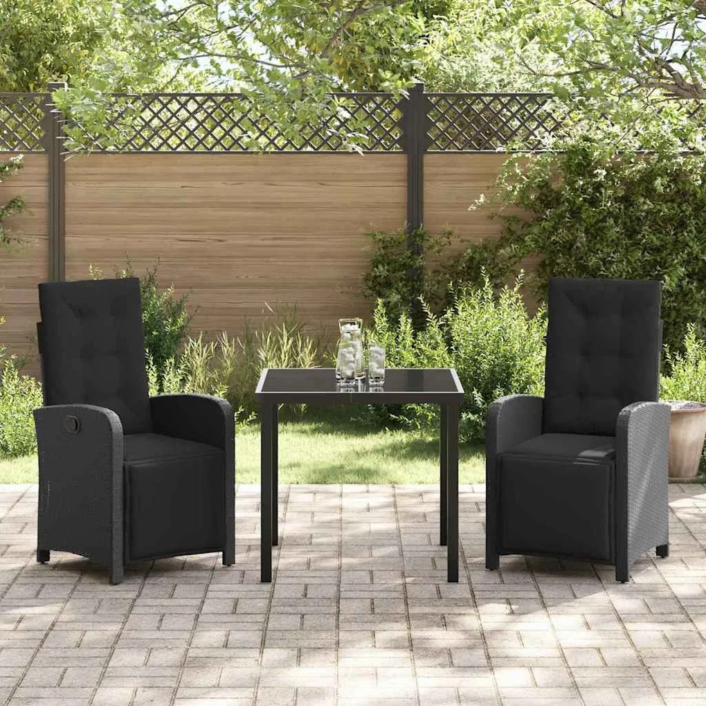 Conjunto de Jantar de Jardim em 3 Peças com Almofadas Preto de Rattan