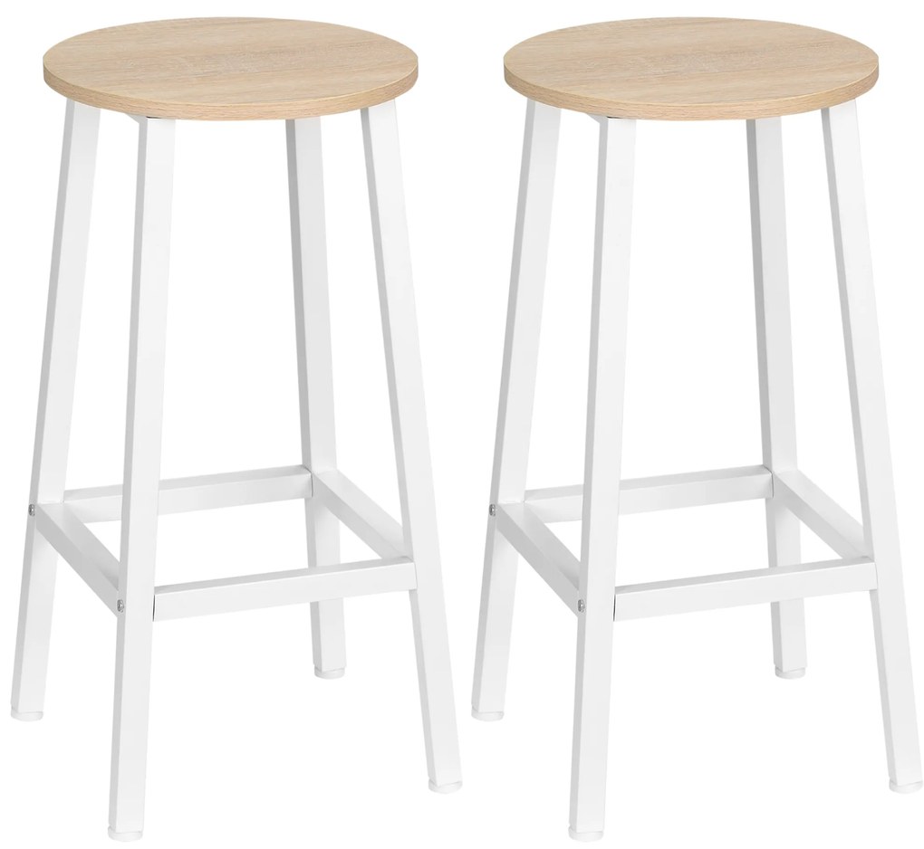 HOMCOM Conjunto de 2 Bancos Altos de Cozinha Bancos de Bar com Pés de Aço e Apoio para os Pés 32,5x32,5x65cm Madeira e Branco | Aosom Portugal