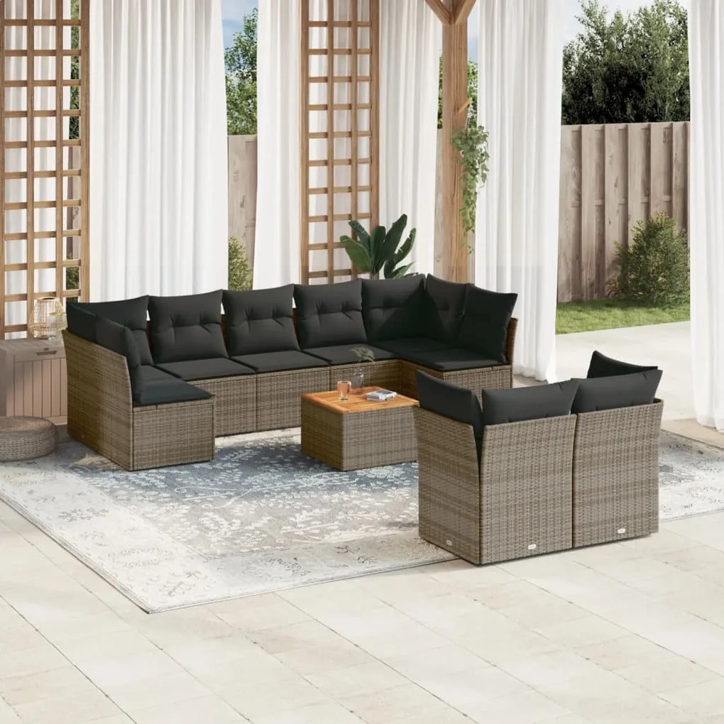 10 pcs conjunto sofás de jardim c/ almofadões vime PE cinzento