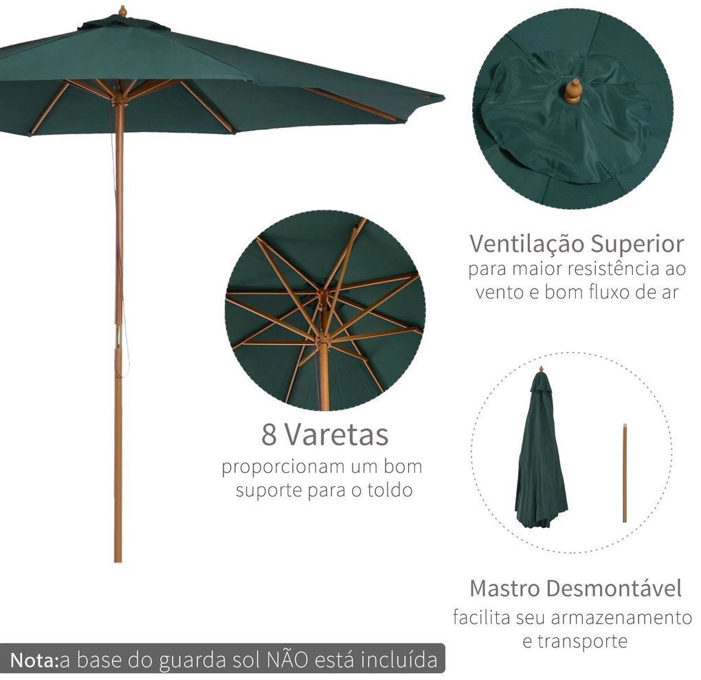 Chapéu de Sol Ø300x250cm Chapéu de Sol com Mastro de Madeira com 8 Has