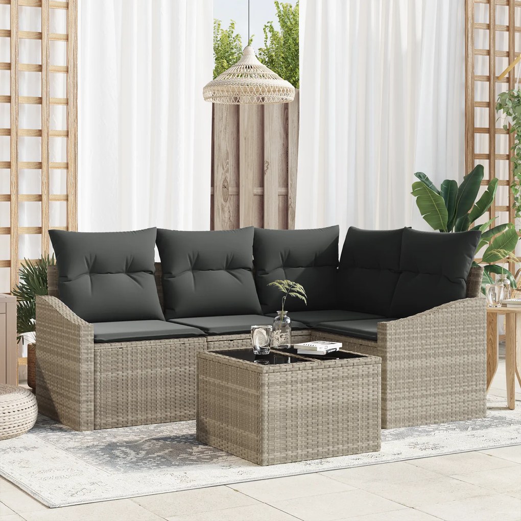 Conjunto de Jantar de Jardim de 5 Peças com Almofadas Cinza em Rattan
