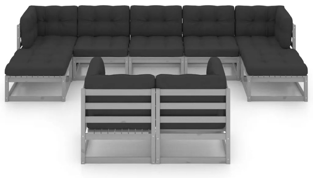 9pcs conjunto lounge de jardim c/ almofadões pinho maciço cinza