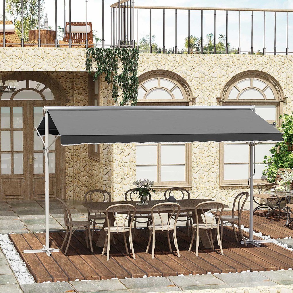 Toldo de dupla inclinação 4 x 3 m, manual e retrátil, inclinação ajustável, metal com revestimento epóxi, branco, poliéster impermeável e com proteção