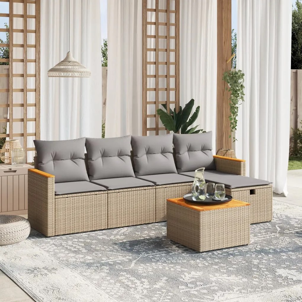 6 pcs conj. sofás jardim c/ almofadões vime PE bege misturado