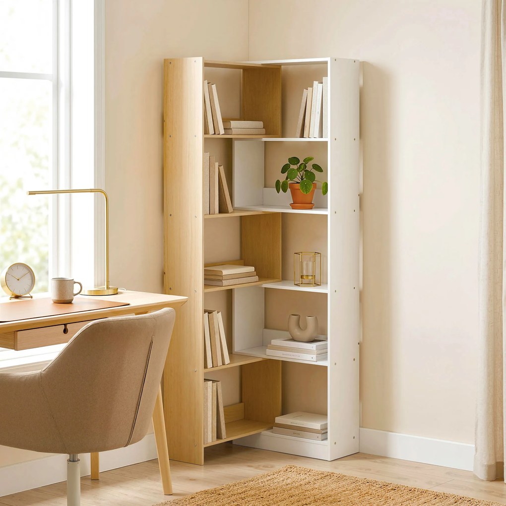 Estante de canto giratória a 350°, com 5 prateleiras, prateleira de arrumação extensível em forma de L, 60-111 x 24 x 164 cm, cor carvalho, branco