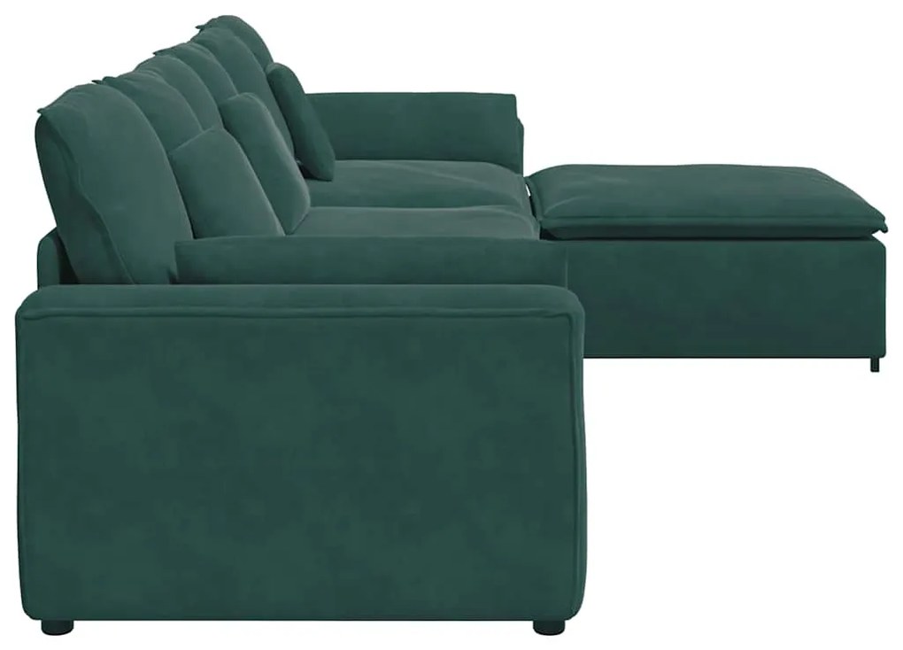 Sofá modular com pufes e almofadas verde-escuro