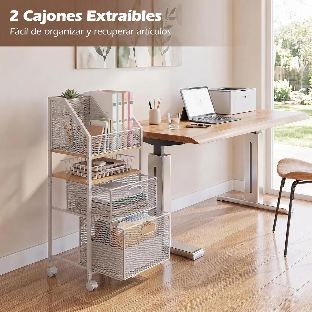 Carrinho de Arrumação, 37 x 26 x 84 cm, 2 Gavetas e Rodas com Travão, Branco