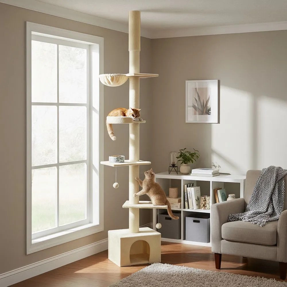 Arranhador para gatos, ajustável em altura 45 x 30 x (231-291) cm, com vários níveis e caverna bege