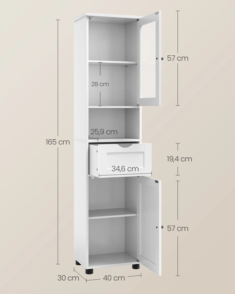 Armário de casa de banho economizador de espaço com compartimento aberto 30 x 40 x 165 cm Branco 