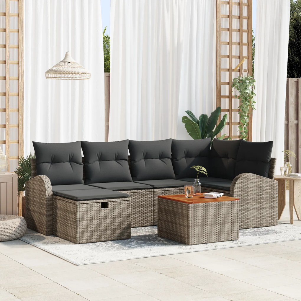 Conjunto de Sofá de Jardim de 7 Peças com Almofadas Cinza Rattan Poly