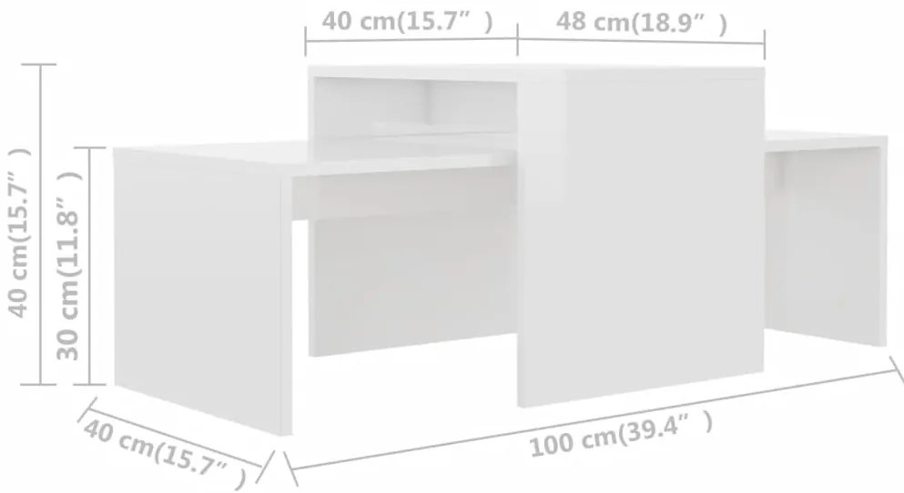Conjunto mesas centro 100x48x40cm contrapla. branco brilhante