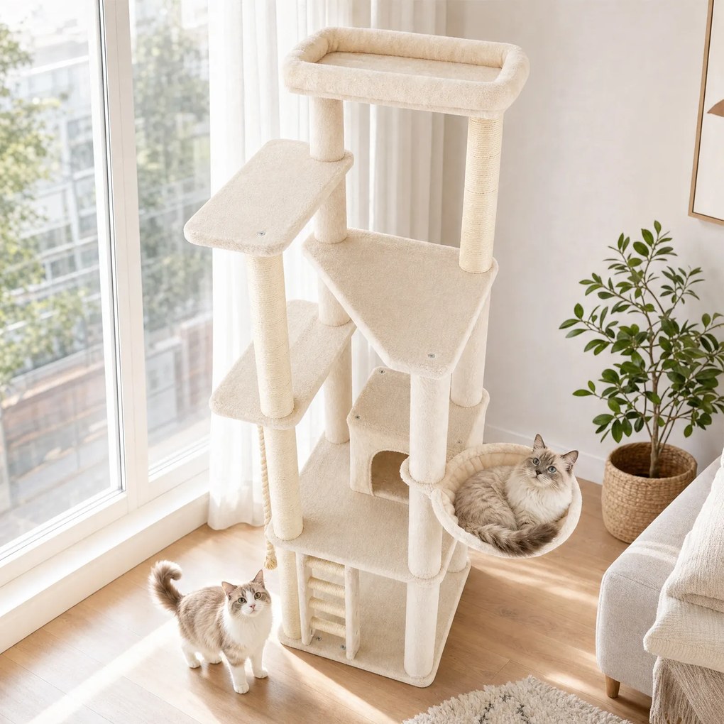 Árvore para Gatos de 5 Níveis, 71 x 71 x 194 cm, Para Vários Gatos, Bege