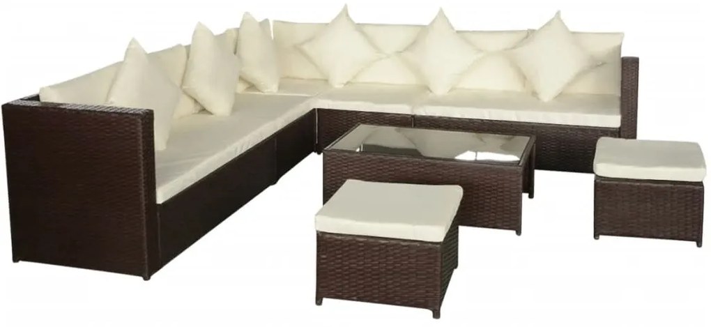 8 pcs conjunto lounge jardim c/ almofadões vime PE castanho