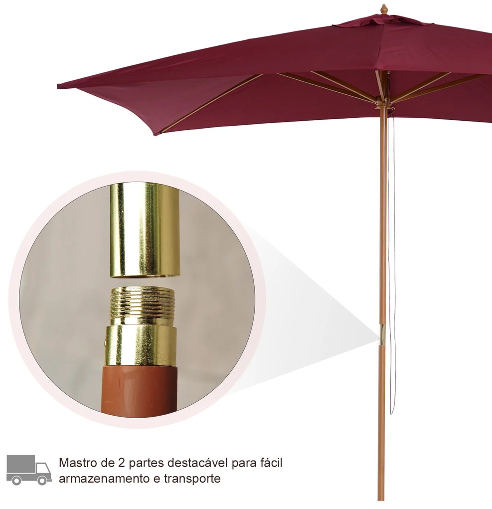 Outsunny Chapéu de Sol de Jardim com Sistema de Polia Teto Ventilado e Mastro de Madeira para Terraço Pátio Exterior 2,95x2x2,55m Vinho