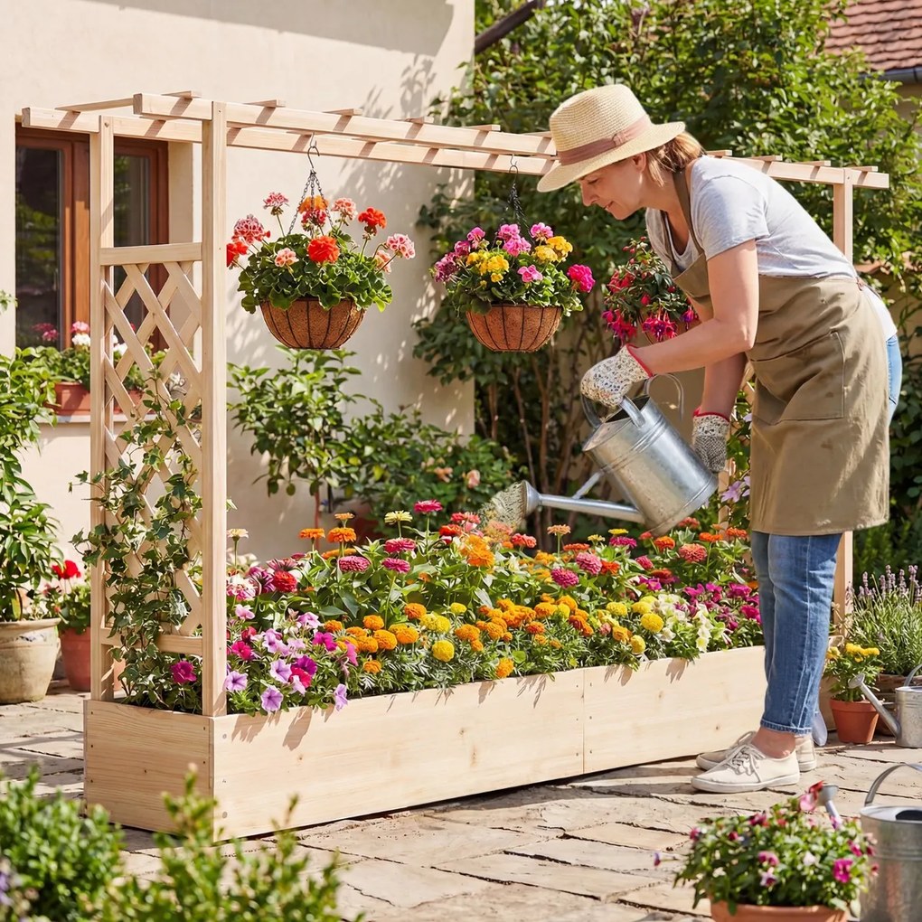 Floreira de jardim elevada em madeira com treliça 220 x 35 x 114 cm, teto suspenso, orifícios de drenagem, para plantas trepadeiras, Natural