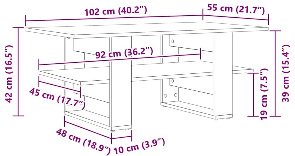 Mesa de Centro vidaXL Preto Carvalho 102x55x42 cm Madeira de Engenhari