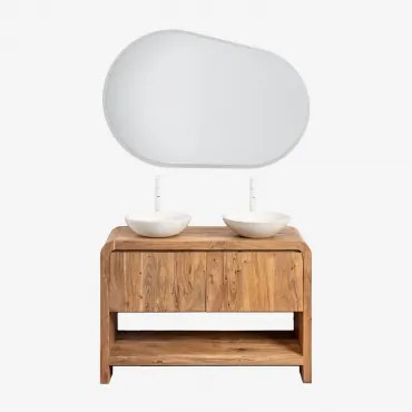 Conjunto De Móvel De Casa De Banho Em Madeira Vacry Castanho Acácia & 2 X Cimento Branco Redondo Ø40 Cm Zavion & Oval Led E Anti-embaciamento 120x80 C