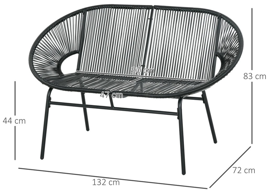 Sofá Acapulco de 2 Lugares com Apoios de Braço Almofada e Estrutura de Aço para Jardim Terraço Pátio 132x72x83 cm Preto