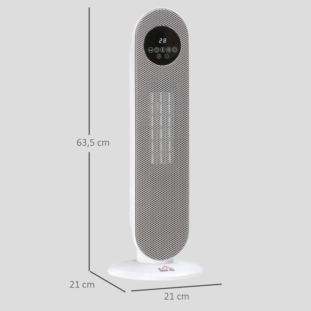 Aquecedor Elétrico Cerâmico PTC 1300/2000 W com Controlo Remoto, Oscilação 45°, Temporizador 12 h, Branco