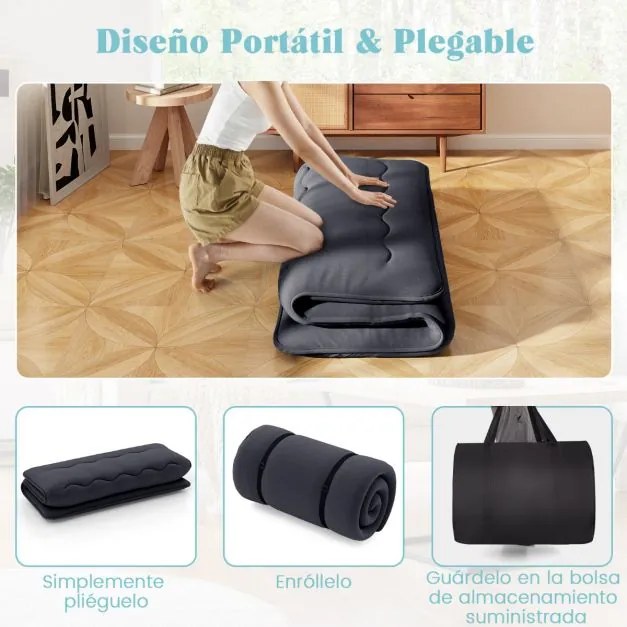 Colchão enrolável para o chão com capa lavável com bolsa de transporte 200 x 140 x 10 cm - preto