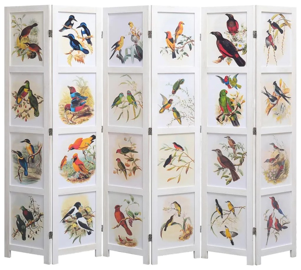 vidaXL Biombo com 6 painéis 210x165 cm pássaros branco