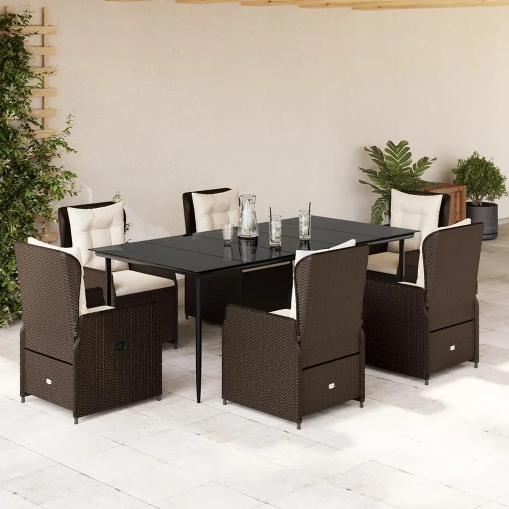 vidaXL 7 pcs conjunto jantar p/ jardim c/ almofadões vime PE castanho