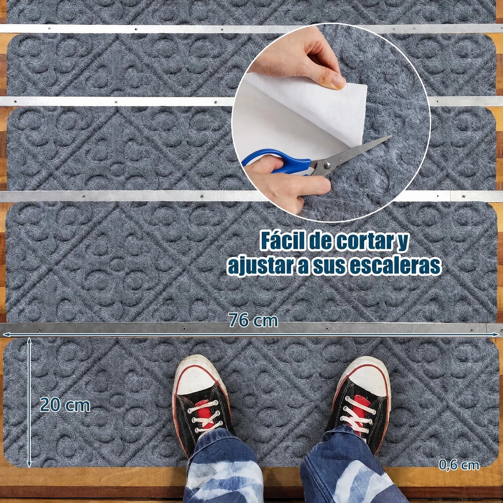 Conjunto de 15 Tapetes Antiderrapantes para Escadas, 76 x 20 cm, Laváveis na Máquina, Cinzento