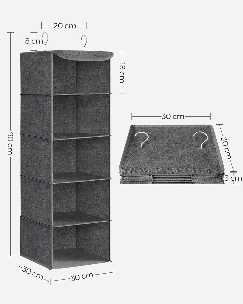 Conjunto de 2 organizadores suspensos 30 x 30 x 90 cm para guarda roupa cinzentos