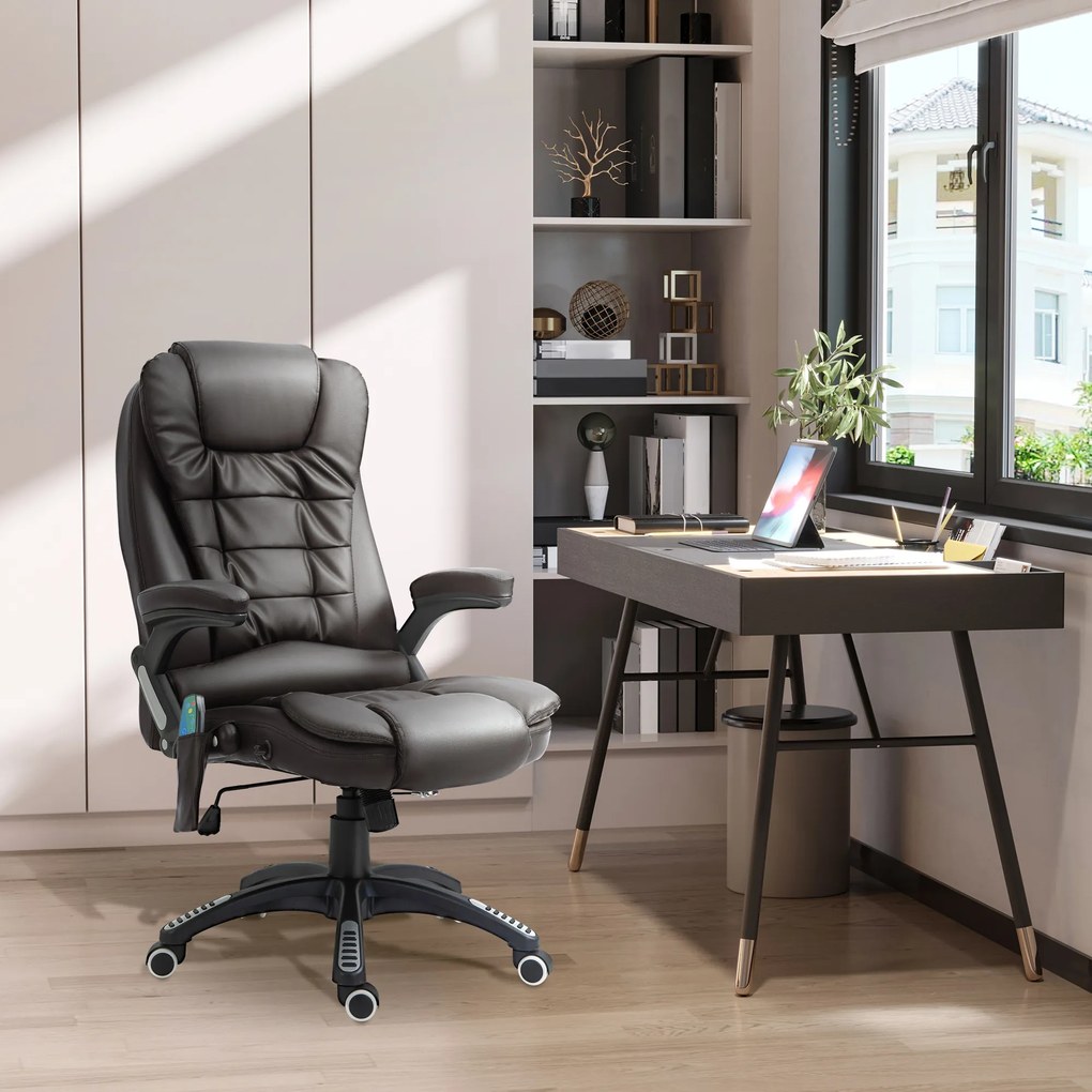 Cadeira de escritório com massagem e aquecimento elétrico, cadeira de escritório ergonómica com revestimento sintético castanho