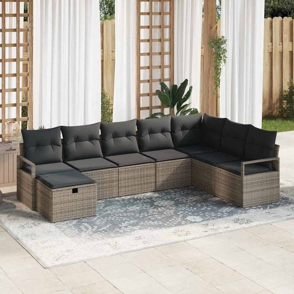 vidaXL Conjunto de sofá para jardim com 8 peças e almofadas cinzas em rattan poliéster.