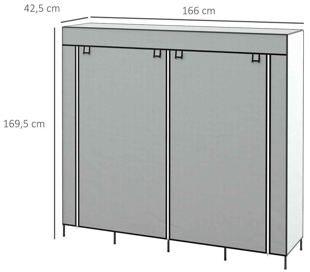 Roupeiro de Tecido com 10 Compartimentos 2 Trilhos Suspensos e 4 Gavetas de Tecido 166x42,5x169,5 cm Cinza Escuro