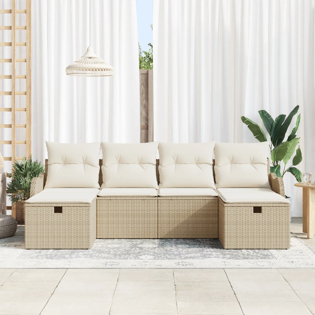 Conjunto de Sofá de Jardim vidaXL com Almofadas Bege Vime Poliéster