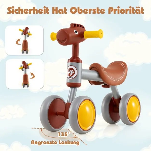Bicicleta sem pedais para crianças dos 18 aos 36 meses, bicicleta de equilíbrio com 4 rodas para aprender a andar Castanho