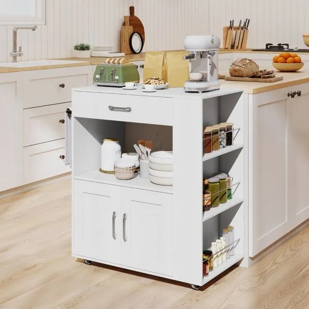 Carrinho de cozinha 75 x 46 x 90,5 cm com rodas bloqueáveis, cubo aberto dupla face, prateleiras laterais, gaveta, toalheiro branco