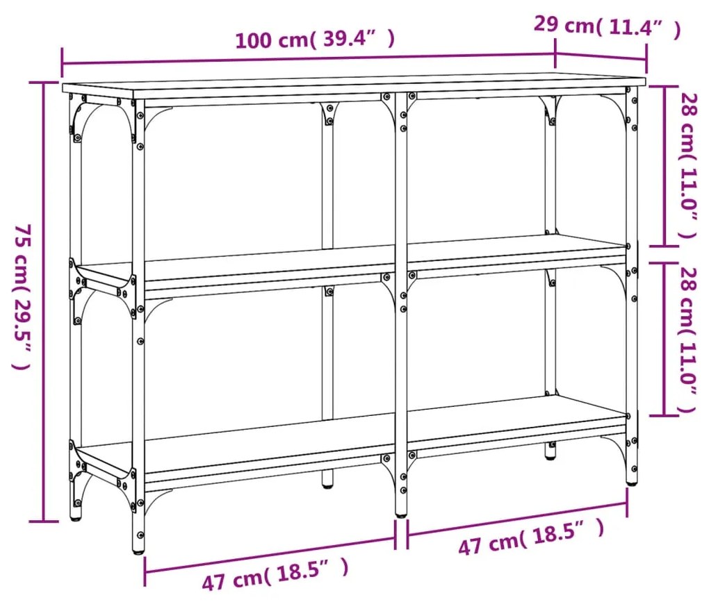 Mesa consola 100x29x75 cm derivados madeira carvalho castanho