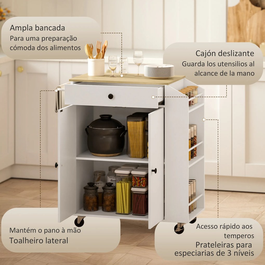 Carrinho Ilha de Cozinha com Rodas com Gaveta Suporte para Temperos de 3 Níveis e Prateleira Ajustável 82x38x86,5 cm  Branco