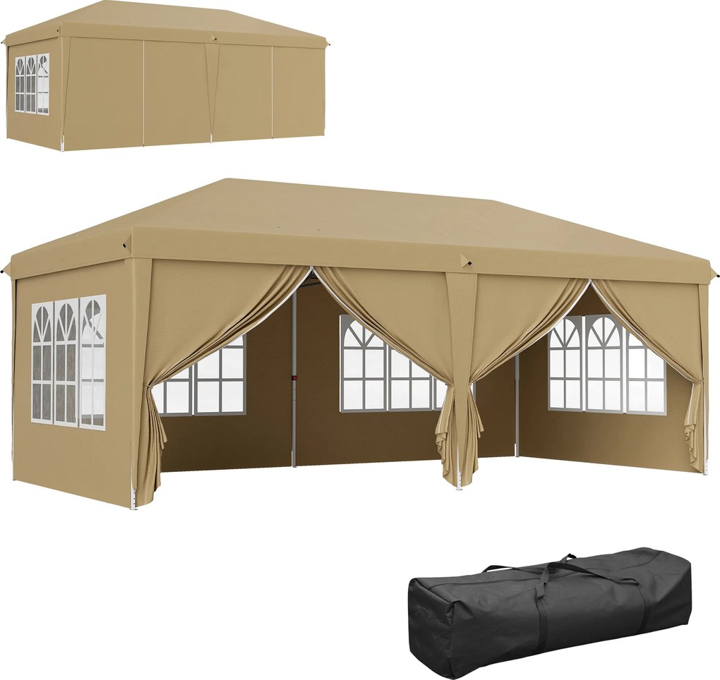 Outsunny Tenda para Festas 6x3 m Tenda de Jardim com Paredes Laterais Amovíveis 2 Portas com Zíper 4 Janelas e Bolsa de Transporte Caqui | AOSOM Portugal