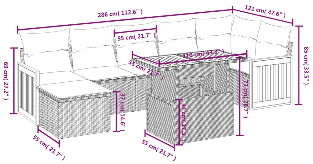 8 pcs conjunto sofás de jardim com almofadões vime PE preto
